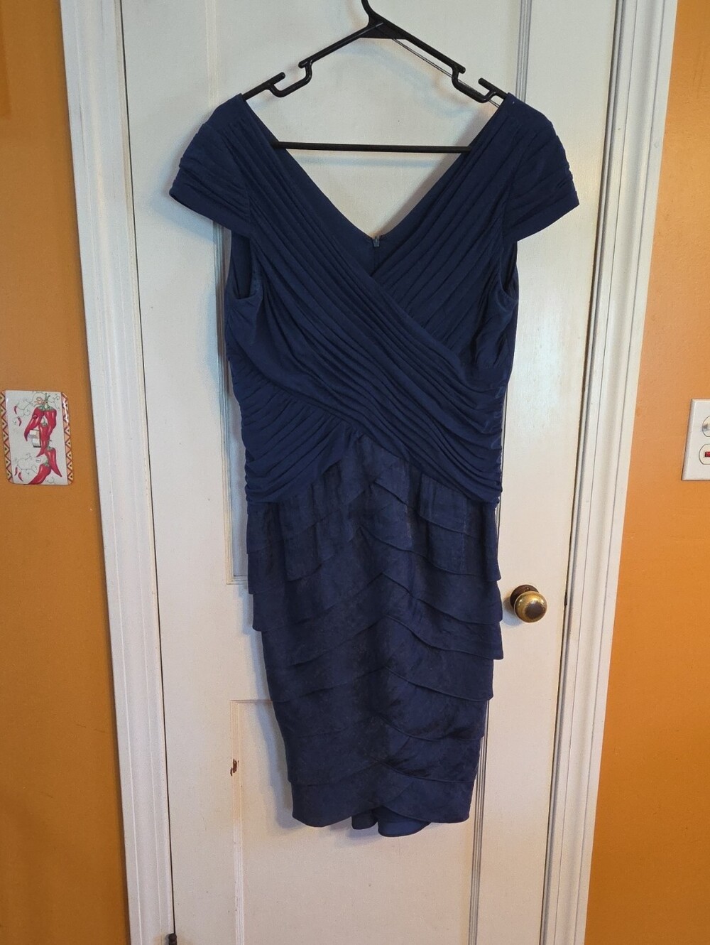 Adrianna Papell Navy Blue Ruched V-Neck Midi Dress